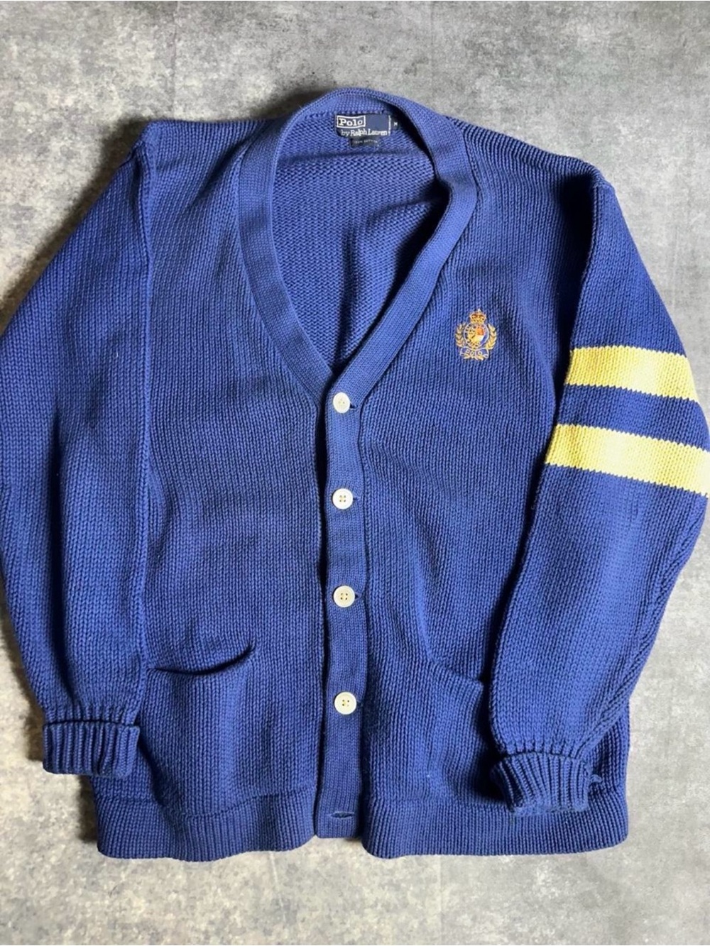 Polo by Ralph Lauren Royal Blue V-neck Cardigan with Yellow Sleeve Stripes
